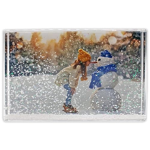 Image of Glitter Photo Frame, Acrylic Picture Frame holds 10 x 15 cm (4 x 6 inch) Clear Frameless Desktop Photo Block with Glitter Snow (White) - Ideal Personalised Gifts, Stocking Fillers or Xmas Decorations