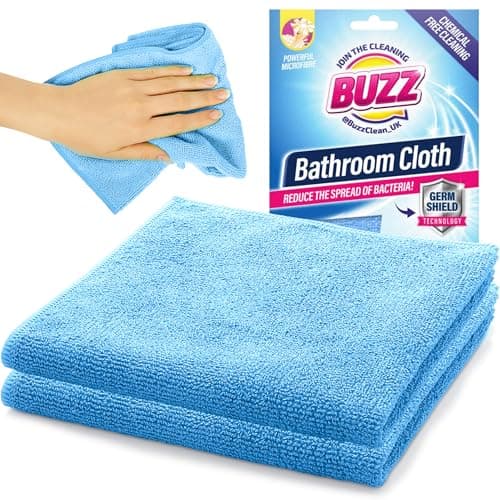 Image of Buzz 2pk Bathroom Cloth with Germ Shield, 30cm x 30cm Bathroom Cleaning Cloth Streak-Free Microfibre, Super Absorbent, Reusable & Durable for Bath, Sink, & Shower Cleaning, Washable & Quick Drying