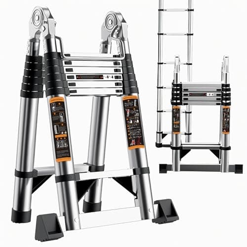 Image of Telescopic Ladder, 4.2M/13.7ft Stainless Steel Thickened Loft Ladder, 150kg Capacity Portable Folding Ladders with Stabiliser Bar and Non-Slip Feet for Home, Loft
