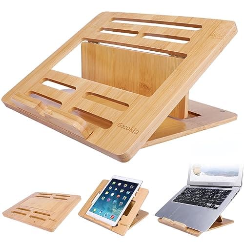 Image of Gocokia Bamboo Fodable Laptop Notebook Riser Stand Desktop Adjustable with 4 Angles Notebook Mount Holder, Folding Laptop Cooler Stand for Macbook,Tablet,