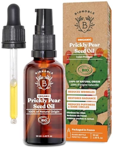 Image of BIONOBLE Organic Prickly Pear Seed Oil, Cold-Pressed, 100% Pure, Hexane-Free - Moroccan Prickly Pear Oil for Face - Anti-Ageing, Reduces Wrinkles and Dark Circles - Glass Bottle, Pipette, Pump - 50ml