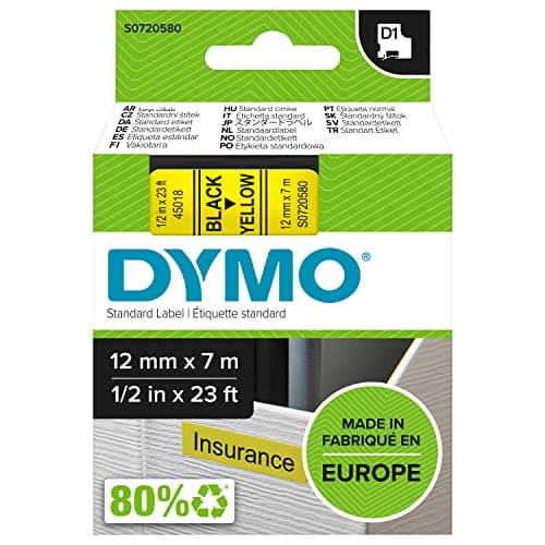Image of DYMO Authentic D1 Labels | Black Print on Yellow Tape | 12 mm x 7 m | Self-Adhesive Labels for LabelManager Label Makers | Made in Europe