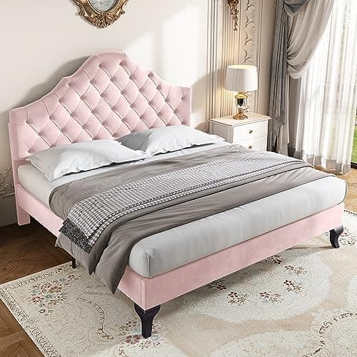 Image of Merax Upholstered Double Bed, 4FT6 Bed Frame with Height-Adjustable Headboard and Wooden Slat Support, Comfortable Backrest, Easy Assembly, Velvet, Pink, 135x190cm