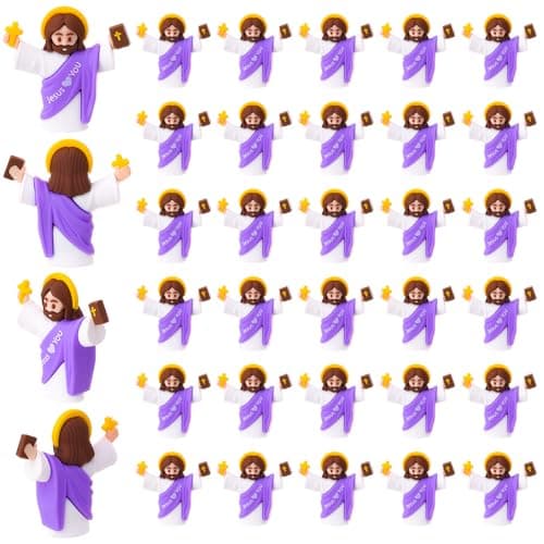 Image of saerryor 30 Pcs Mini Jesus Figures,Little Jesus Statue,Jesus Loves You Cute Tiny Doll,Mini Rubber Toys for Sunday School Baptism Activities Religious Party Favors(Purple)