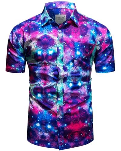 Image of fohemr Mens Leopard Starry Sky Print Shirt Short Sleeve Casual Button Down Retro Cheetah Printed Shirt Purple Large