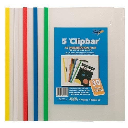 Image of Tiger A4 Clip Bar File (30 Sheet Capacity) Document Presentation Folder Colour Pack of 5