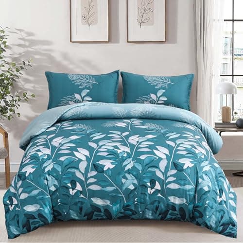 Image of DJY Teal Blue Duvet Cover Double Teal Blue Floral Bedding Set, Reversible Lightweight Leaves Bedding Sets 3pcs with Zipper Closure (Double, 200x200cm)