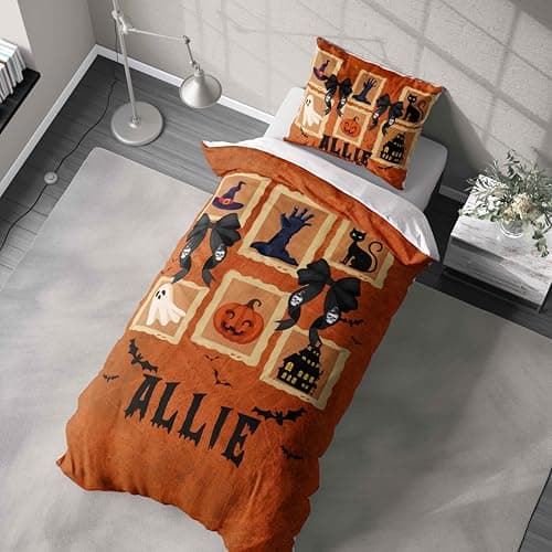 Image of Personalised Halloween Duvet Cover Set with Custom Name and Colour | Spooky Bedding for Kids Teens Adults | Trick or Treat Bedroom Décor Gift