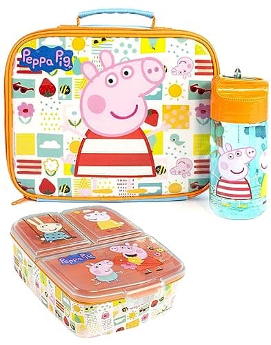 Image of Peppa Pig Lunch Box Set for Kids | School Food Bag, Water Bottle & Snack Pot | Adventure with George Pig, Rebecca Rabbit, Suzy Sheep | Carry Peppa's Adventure Everywhere Lunch Set