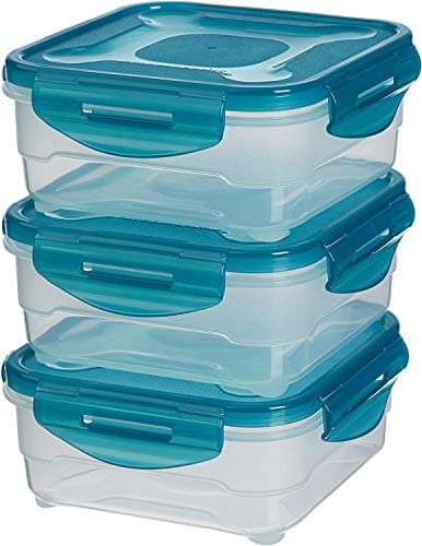 Image of Amazon Basics Food Storage Containers with Lids, Freezer Storage Boxes, 3-Piece Airtight, Air-Locked Leak-Proof, Stackable, BPA-Free Plastic, Microwave and Dishwasher Safe, 3 x 0.8 L, Clear