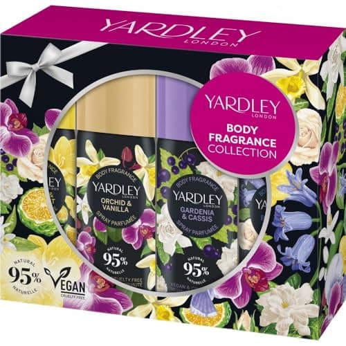 Image of Tropical Gold Yardlley Contemporary Body Spray Set 4 x 50ml – Floral Fragrance Collection, Long-Lasting Refreshing Scent, Bluebell & Sweet Pea, Freesia & Bergamot, Gardenia & Cassis, Orchid & Vanilla