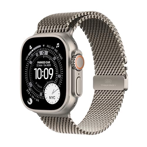 Image of Apple Watch Ultra 3 GPS + Cellular 49mm Premium Running and Multisport Smartwatch with Rugged Natural Titanium Case with Natural Titanium Milanese Loop - Large. Advanced Health and Fitness Tracking