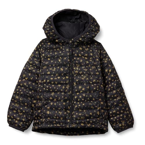 Image of Amazon Essentials Girls' Lightweight Water-Resistant Packable Hooded Puffer Jacket, Black Stars, 6-7 Years