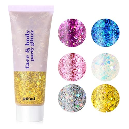 Image of URAQT Body Glitter Gel, 50ml Holographic Mermaid Sequins Chunky Cosmetic Face and Body Gel, Sparkling Festival Party Lotion for Face, Eye, Hair, Nail DIY Art (Gold)