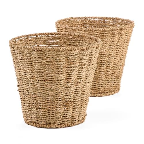 Image of Gatarn Seagrass Waste Paper Bins | Set of 2 Natural Handwoven Rubbish Bins | Round Wicker-Style Waste Baskets for Bathroom, Bedroom & Home Office