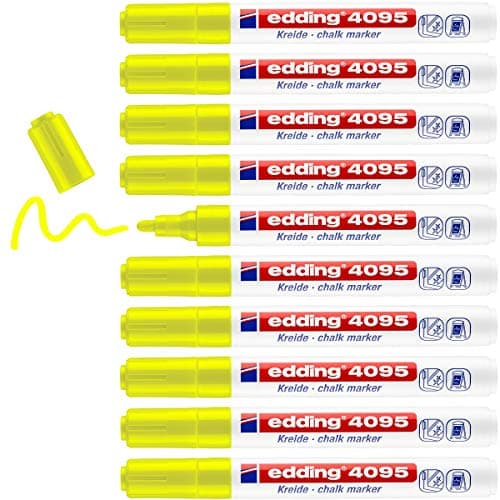 Image of edding 4095 chalk marker - neon-yellow - 10 chalk pens - round tip 2-3 mm - medium-tipped wet wipe pen for chalkboards, windows, glass, mirrors - liquid chalk marker pens for opaque coverage