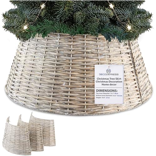 Image of DECO EXPRESS Christmas Tree Skirt, Woven Tree Base Cover, Natural Collar for Christmas Decorations, Festive Decor for Xmas Party, 40cm x 27cm (Light Brown Willow, Top 40cm/Base 56.5cm)