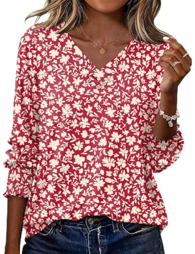 Image of Rapbin Womens Tops 3/4 Sleeve Summer T Shirts V Neck Elegant Floaty Floral Printed Tunic Blouse Red Apricot Floral XL
