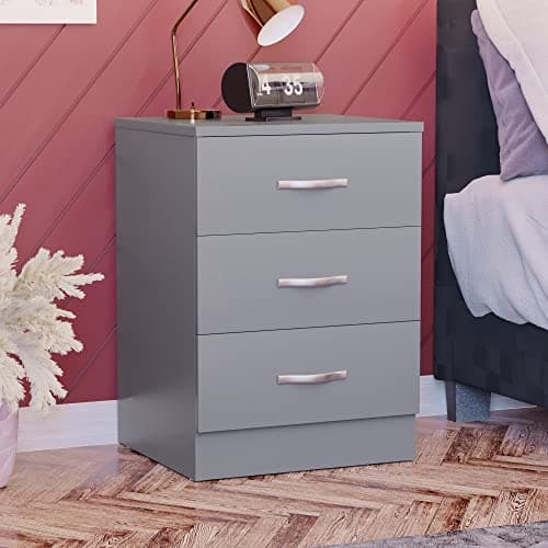 Image of Vida Designs Large Grey Bedside Cabinet Chest of Drawers, 3 Drawer With Metal Handles and Runners, Unique Anti-Bowing Drawer Support, Riano Bedroom Furniture