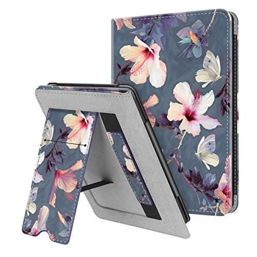 Image of FINTIE Stand Case for 6" Kindle Paperwhite (Fits 10th Generation 2018 and All Paperwhite Generations Prior to 2018) - Premium PU Leather Sleeve Cover with Card Slot and Hand Strap, Blooming Hibiscus