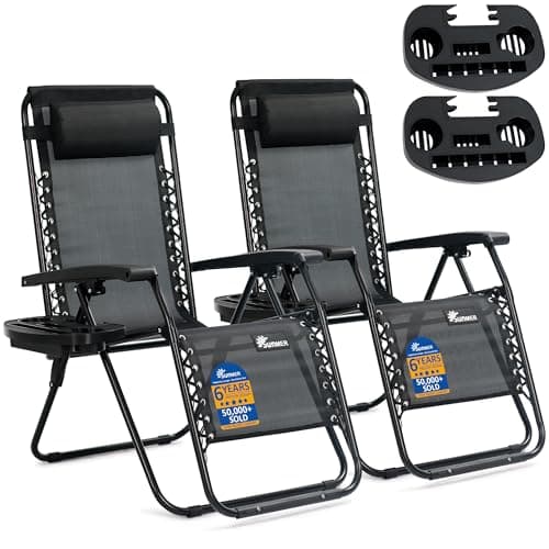 Image of SUNMER Sun Lounger Garden Chairs - Set of 2 Zero Gravity Chairs with Cup & Phone Holder, Adjustable Headrest & Pillow - 30° to 90° Folding Deck Recliner - Professional Outdoor Seating - Black