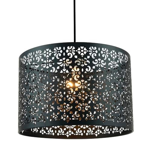Image of Unique Moroccan Designed Matte Black Metal Circular Pendant Light Shade with Floral Decor | 30cm Diameter | Maximum 11watt LED Allowed by Happy Homewares