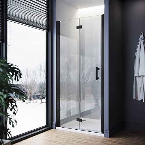 Image of ELEGANT 900mm Black Bifold Shower Enclosure Frameless Bathroom Shower Doors 6mm Safety Bi-Fold Glass for Wetroom Shower Cubicles Reversible Folding Shower Door
