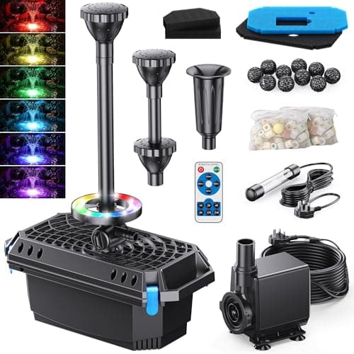 Image of Biling Pond Filter with UV Clarifier and LED Lights, 2500 L/H Fountain Pump, RGB Remote Control Lights, 3 Nozzles, Black, Electric, for 4000L Garden Pond Care Water Features Stream Waterfall Treatment