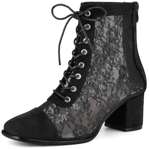 Image of Perphy Square Toe Flowers Lace Block Heels Ankle Boots for Women Black 5 UK/Label Size 7 US