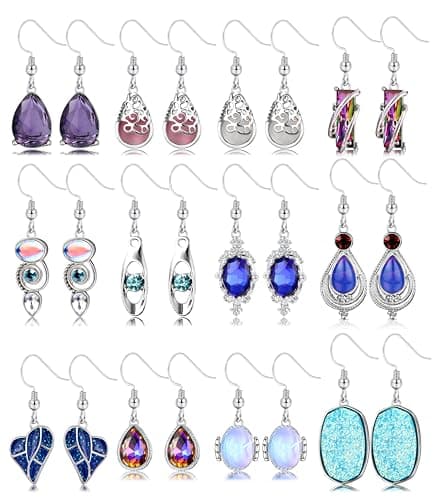 Image of Adramata 12 Pairs Silver Earrings Set for Women Teardrop Druse Crystal Drop Dangle Earrings for Girls Cubic Zirconia Vintage Bohemian Drop Earrings Jewellery Set