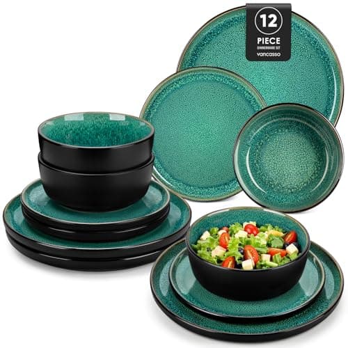 Image of vancasso Playa Green Plates and Bowls Sets, 12 Pieces Reactive Glaze Ceramic Dinnerware Set for 4, Kitchen Dinner Dining Ware Set, Microwave and Dishwasher Safe Dishware Dishes