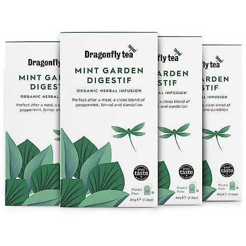 Image of Dragonfly Mint Garden Digestif Tea | Pack of 4 x 20 Organic Tea Bags (80 Teabags) | Herbal Tea Bags | Mint Tea Bags | Peppermint Tea Bags | Digestive Harmony | Perfect After Meals | Compostable