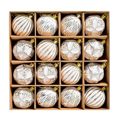 Image of SVNVIOZ White Gold Christmas Baubles Decorations, 16Pcs 6cm Christmas Ball Ornaments Set, Shatterproof Xmas Tree Balls