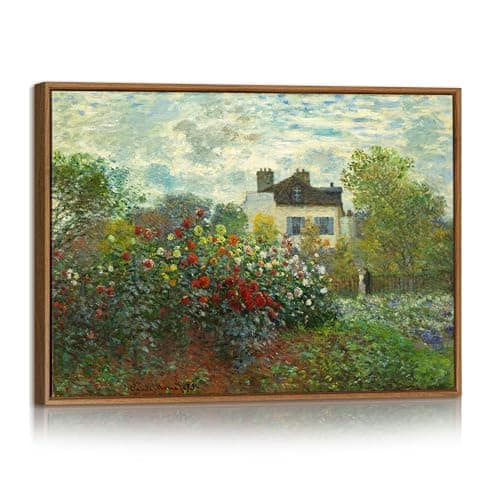 Image of Monet Flower Garden Framed Canvas Wall Art Ptints Reproduction, Vintage Green Floral Scenery Wall Painting France Country Canvas Picture Relax Home Decor for Bedroom Living Room Office Study 30X40cm