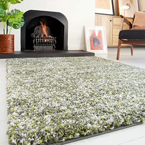 Image of Plush Shaggy Rugs Green Cream Soft Mottled Thick Pile Large Small Lounge Living Room Bedroom Area Rug 121cm x 171cm