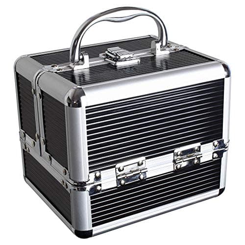 Image of iGadgitz Home U7037 - Aluminium Make Up Case, Cosmetic Case, Hard Vanity Case, Make Up Box, Beauty Case - 4 x Fold Out Trays, Larger Bottom Compartment & Carry Handle - Black - Small