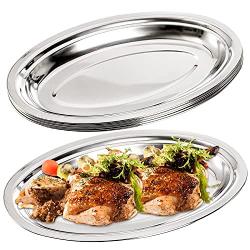 Image of Suwimut 6 Pack Stainless Steel Oval Platter, Heavy Duty Mirror Polish Large Sizzling Platter Serving Tray Fish Plate for Steaming Fish Dessert Meat Sushi, 14-Inch by 8.7-Inch, Silver