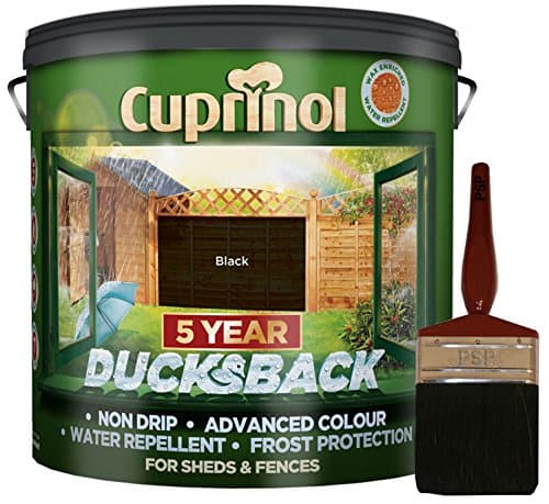 Image of New 2018 Cuprinol Ducksback Shed & Fence Paint 9 Litre BLACK. Non Drip, Water Repellent and Frost Defence. Protection for 5 Years. Includes PSP 4” fence application woodcare brush.