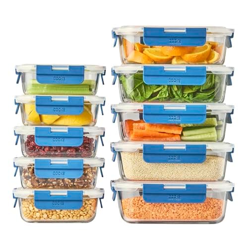 Image of Cooks Professional Set of 10 Glass Food Storage Jars with Air-Tight Plastic Lids | 10pc Fridge Freezer Oven & Microwave Safe Meal Prep Containers | Store Meals & Ingredients | 5 x 380ml & 5 x 1000ml