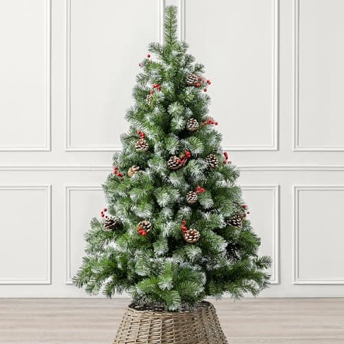 Image of CHRISTOW 5ft Artificial Christmas Tree with Snow Pine Cones & Berries, Luxury Natural Looking Flocked Woodland Spruce, Indoor Xmas Decoration, Easy Assembly with Stand, 339 Tips (skirt not included)