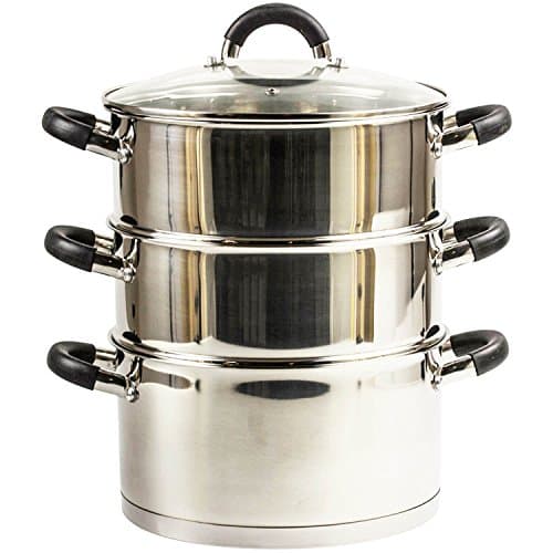 Image of Royal Cuisine 3 Tier Multi Layer Stainless Steel 20cm Steamer cooking Pot With Stackable Pan Insert/Glass Lid Cookware Set food steamer with Silicone Handles induction cookware