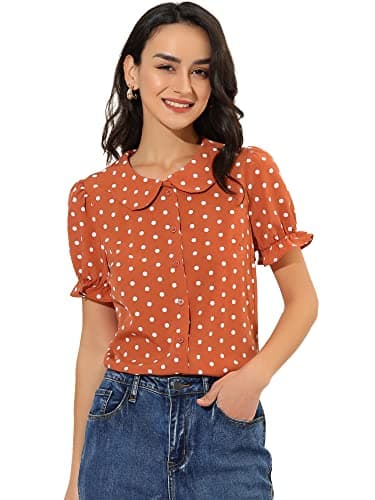 Image of Allegra K Women's Polka Dots Ruffle Puff Sleeve Peter Pan Collar Button Up Vintage Shirt Tops Orange Red M-12