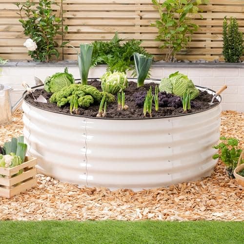 Image of CHRISTOW Circular Raised Garden Bed – 120cm x 45cm, Cream Galvanised Steel Planter, Open Base for Drainage, Outdoor Grow Bed for Plants, Flowers & Vegetables, Protective Rubber Rim