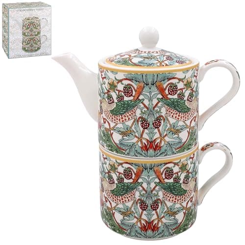 Image of Lesser & Pavey William Morris White Strawberry Thief Tea for One Set - Lovely Floral Fruit Design Ceramic Tea Pot & Mug Set Gift Idea