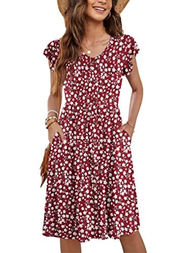 Image of MOLERANI Women Summer Dresses Ruffle Sleeve V Neck Casual Swing Elastic Waist Midi Dress with Pockets Floral Red M