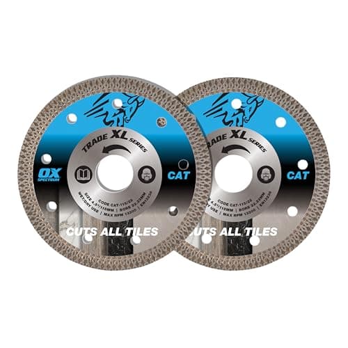 Image of OX Trade XL Cuts All Tiles Diamond Blade Twin Pack – 115mm Dia x 22mm Bore, Ultra-Thin 1.3mm Segment Long Life Blade for Ceramic & Medium-Hard Natural Stone, Chip Free Cutting, Wet & Dry Cut