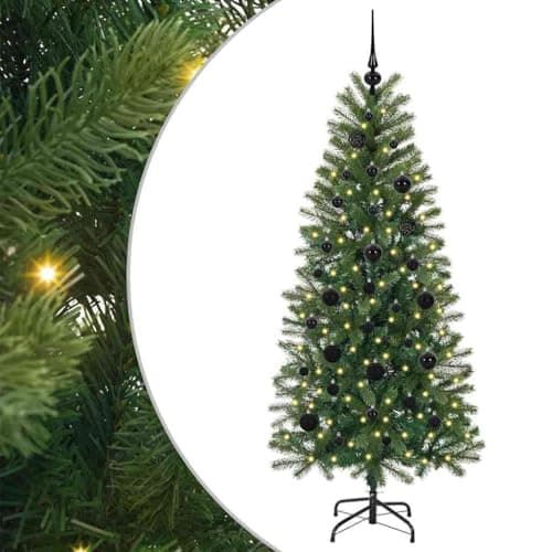 Image of vidaXL Artificial Christmas Tree with 150 LEDs Green 150 cm PE and PVC, Living Room, Modern Cone-Shaped Tree, Durable Artificial Christmas Decoration, Illuminated Holiday Home Decor, Indoor Outdoor