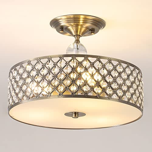 Image of HARPER LIVING Antique Brass Semi Flush Ceiling Light, Modern Crystal Ceiling Light with Drum Shaped, Ceiling Pendant Light for Dining Room Bedrooms Living Room Kitchen Hallway, E27 Bulb Caps