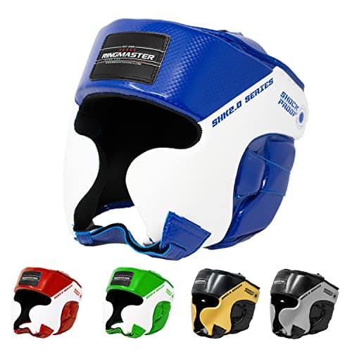 Image of RingMaster Head Guard HeadGear Boxing MMA Martial Arts Kick Protector (Small-Medium, Blue/White)