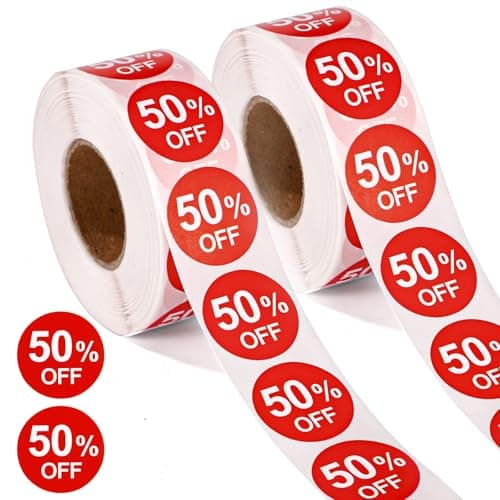Image of Tinoaly 2000pcs 50% Discount Stickers, 1in Round Self Adhesive 50 Percent Off Signs Promotion Labels Price Markers Sales Reduced Tags for Retail Stores Supermarkets Shops (Red)